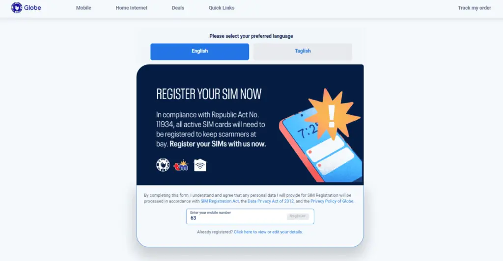 Globe Sim Registration Online link